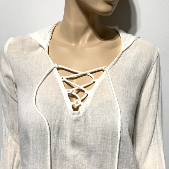 Billabong Tunic Hooded Lace Up Gauze Top Long Sleeve Cream Stripe Size M Medium - Picture 3 of 8